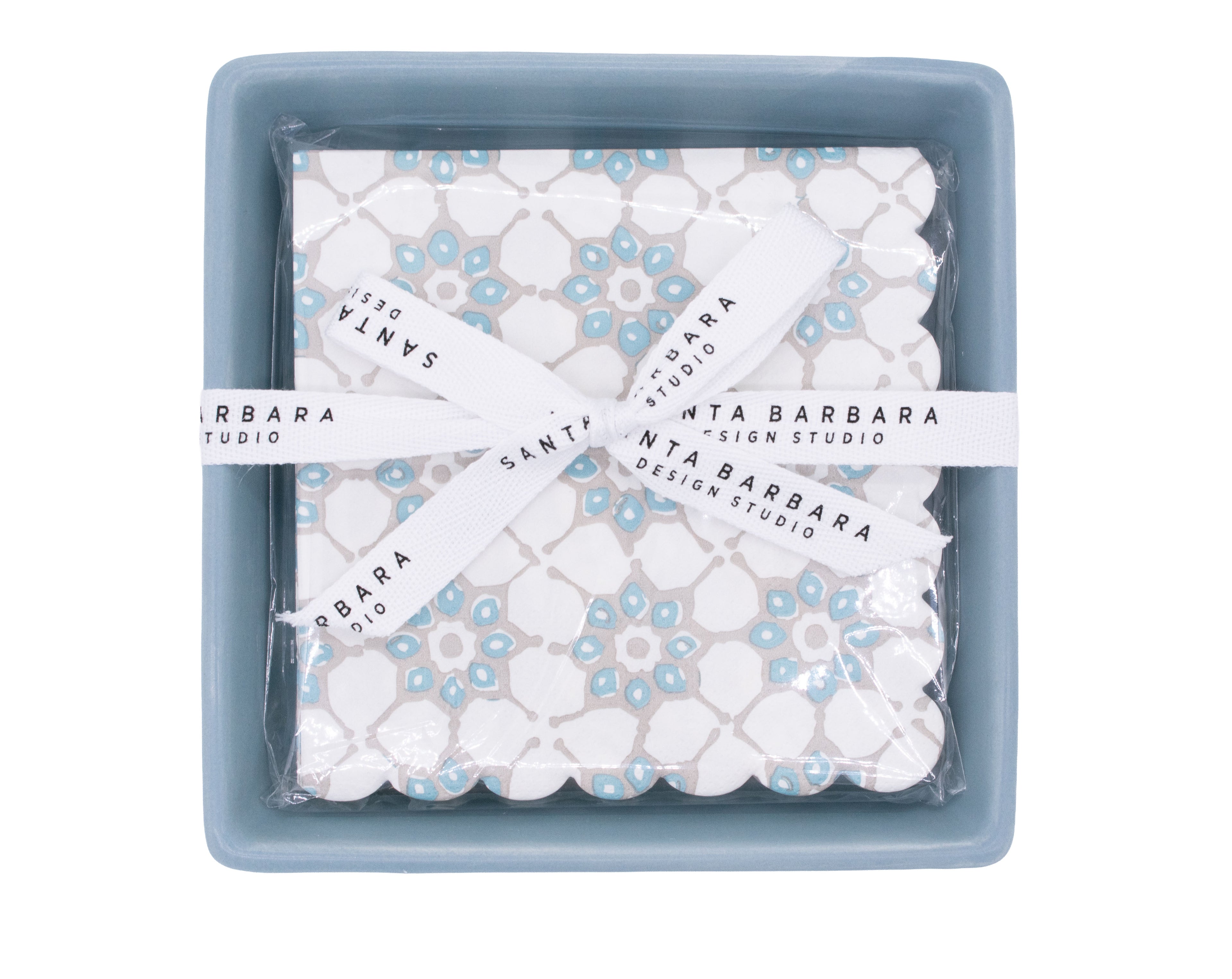 BLUE TILE PAPER COCKTAIL NAPKINS WITH TRAY