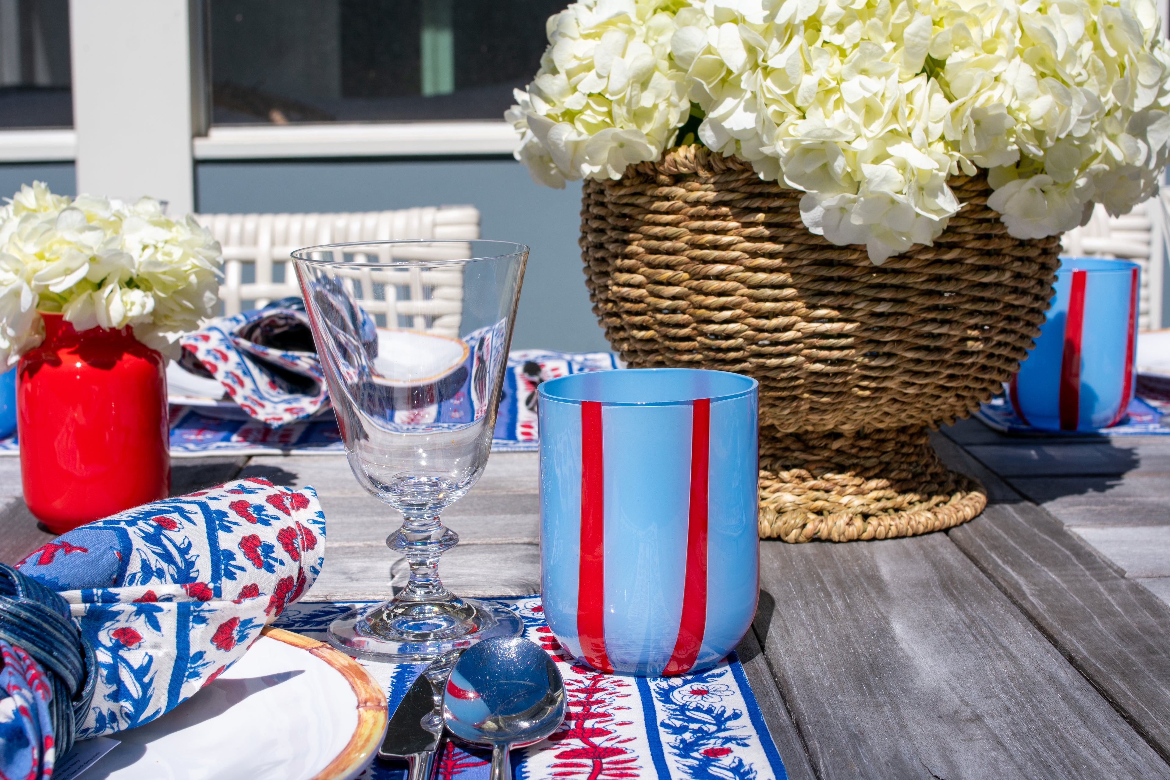 LIGHT BLUE AND RED GLASSWARE