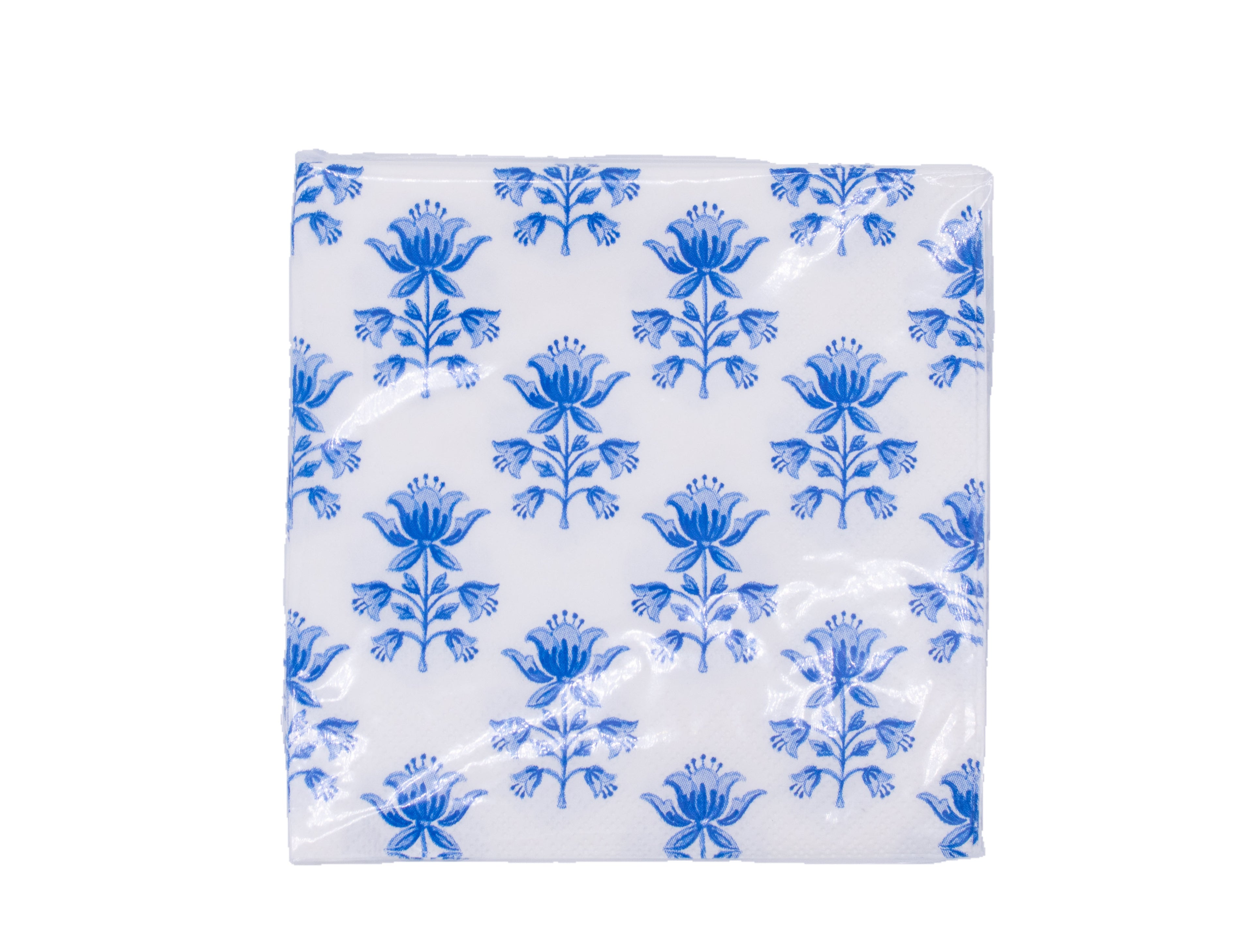 BLUE TULIP BLOCK PRINT PAPER COCKTAIL NAPKINS