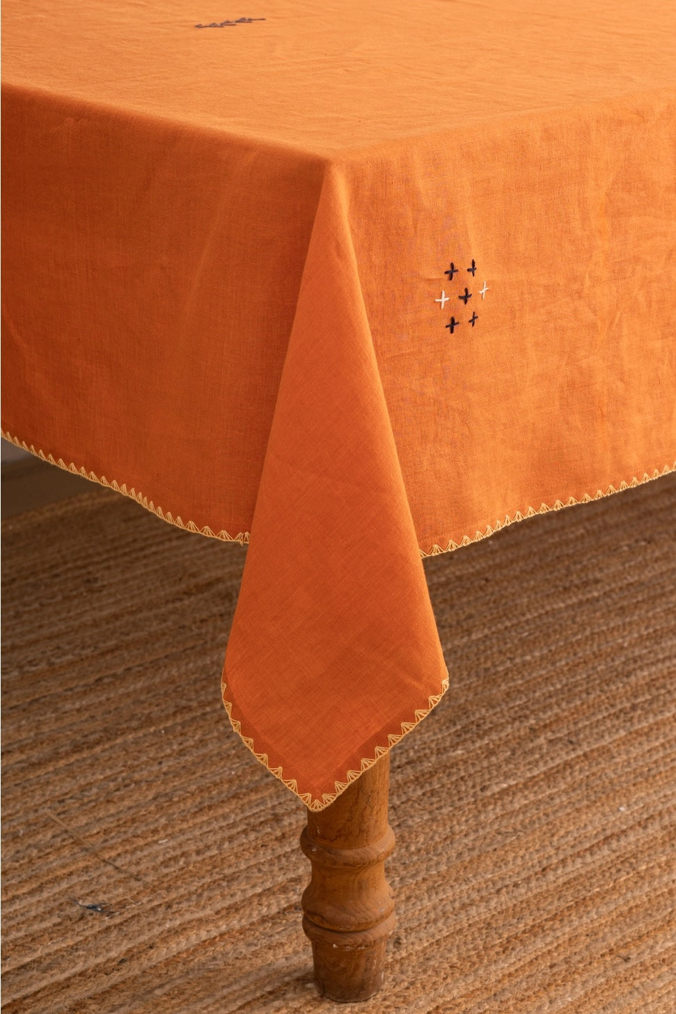 ORANGE LINEN EMBROIDERED TABLECLOTH