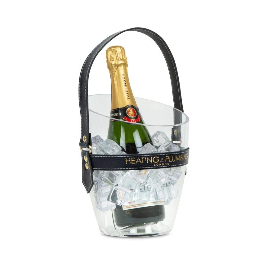HAPPY GO SPARKLY CHAMPAGNE BUCKET WITH NAVY LEATHER STRAP